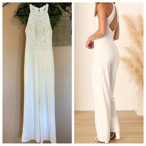 NWOT Lulus Eternally Sensational White Sequin Beaded Halter Cutout Jumpsuit